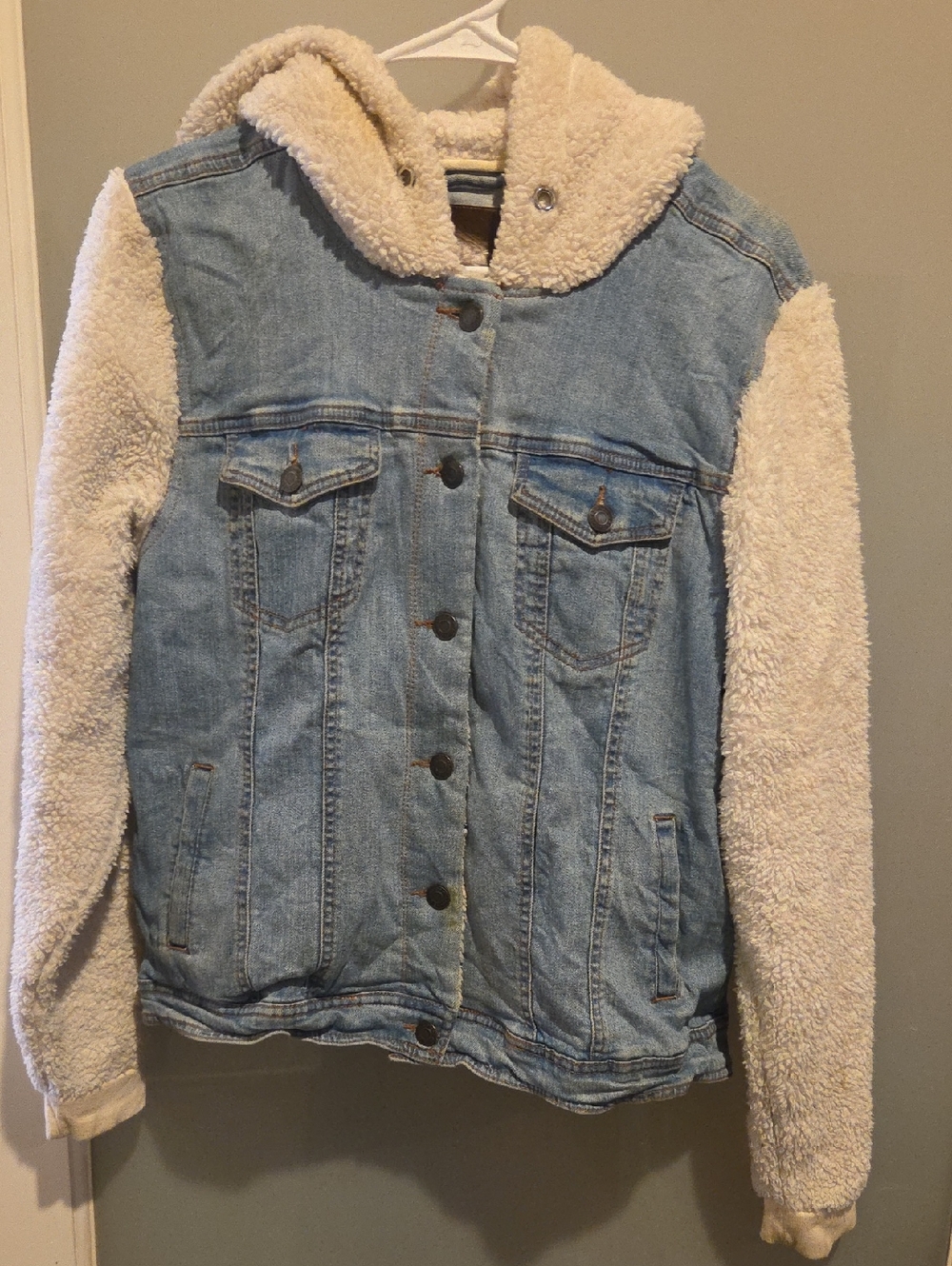 Maurices Light Blue Denim Jacket with Cream Sherpa Hood & Sleeves